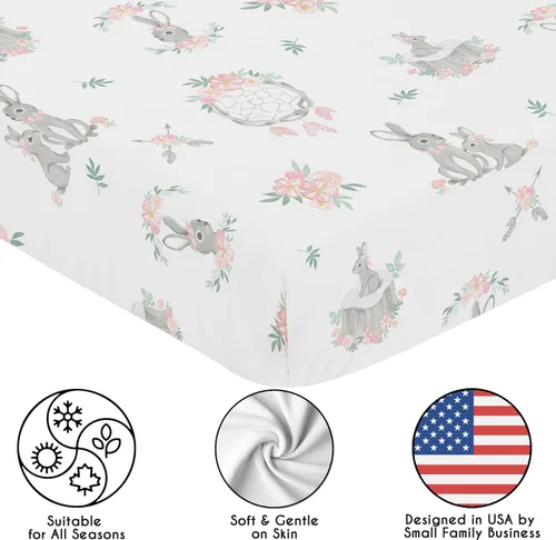 Vista 5 de Sweet Jojo Designs Juego de sábanas de moisés de bebé de 2 piezas (diseño floral de conejito del bosque) para niñas, colchón ovalado, rectangular