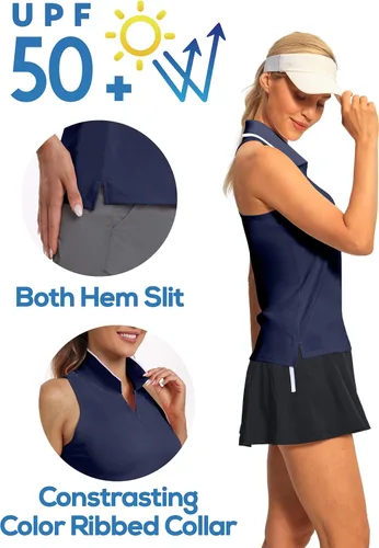 Vista 3 de Hiverlay Camisetas de golf sin mangas para mujer, con espalda cruzada, para tenis, atléticas, con cremallera, cuello de secado rápido, UPF 50+