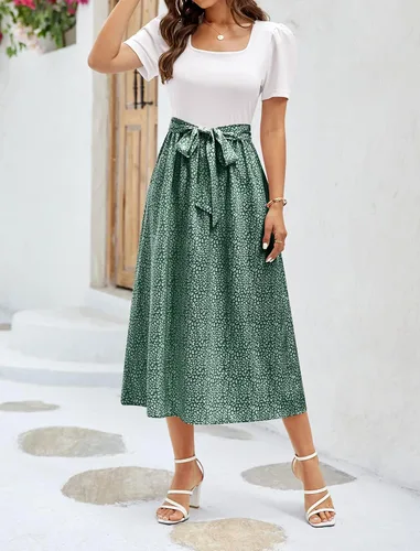 Vista 2 de Vestido midi para mujer 2024 con cuello cuadrado, manga corta, casual, acanalado, profesor, iglesia, modesto, trajes de trabajo de negocios