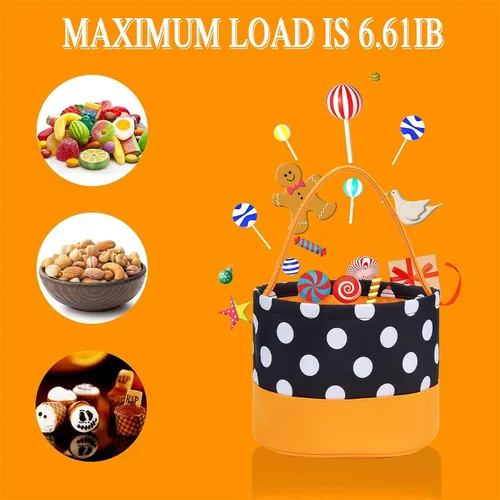 Vista 3 de Cubo de dulces de Halloween, bolsa de dulces de Halloween, bolsa de lona para Halloween, cesta de calabaza y calavera a rayas con asa