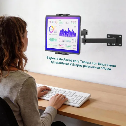 Vista 2 de Mippko Soporte plegable de pared para iPad, soporte para tableta, soporte ajustable de 360°, brazo articulado de aleación de aluminio extensible