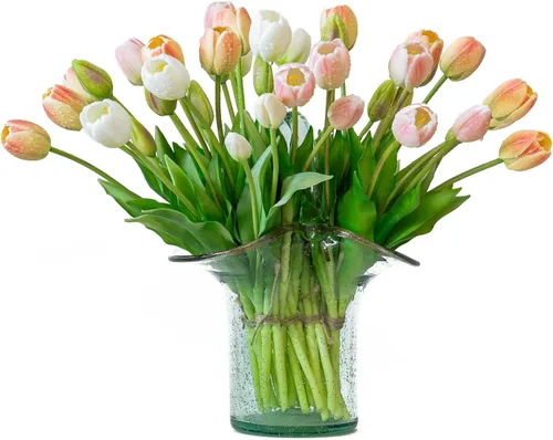 Vista 13 de DUYONE 15 flores de tulipanes artificiales, ramo de látex de tacto real, tulipanes falsos para oficina, boda, fiesta, hogar, cocina, jardín