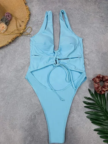 Vista 2 de Traje de baño sexy de una pieza con recortes, encaje, espalda descubierta y corte alto monokini para mujer Azul bebé