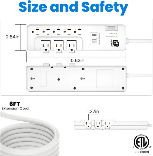 Vista 7 de Protector de sobretensiones USB con tomas giratorias, 3 tomas de corriente y 5 tomas estándar, protección contra sobretensiones 2300J, 3 puertos USB