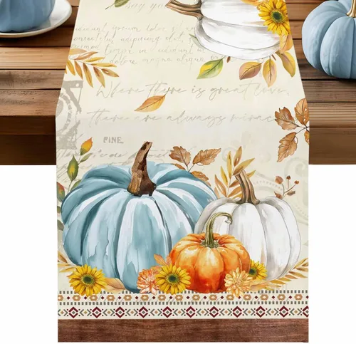 Vista 11 de Juego de 4 manteles individuales de otoño con diseño de calabaza azul, hojas florales, manteles individuales de otoño, lavables, cosecha, Acción
