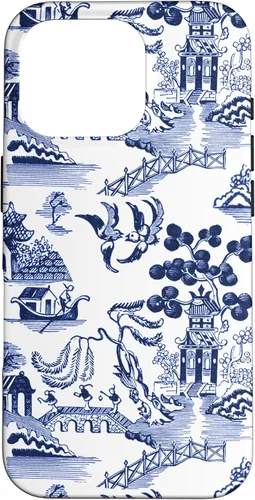 Vista 19 de iPhone 14 Pro Preppy Azul y Blanco Willow Patrón Chinoiserie Toile Case