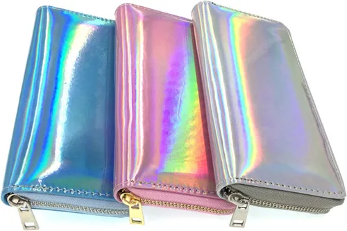 Vista 3 de Andongnywell - Cartera larga holográfica para mujer, con cremallera alrededor del holograma, tarjetero, organizador de piel sintética para mujer