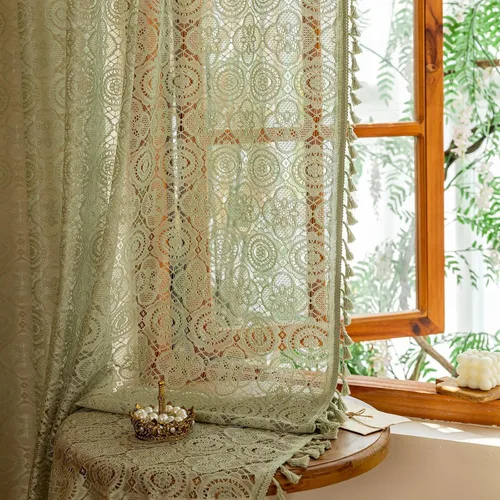 Vista 28 de YJ YANJUN - Cortinas de café boho, 24 pulgadas de largo, 2 paneles, cada una de 59" de ancho x 24" de largo, beige, con crochet, cortinas de cocina