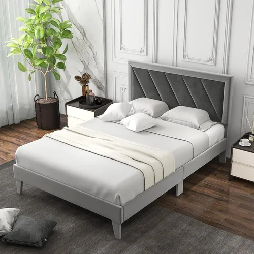 Vista 9 de Giantex Base de cama de terciopelo de tamaño matrimonial con cabecero, moderna plataforma tapizada, base de colchón con 12 listones de madera