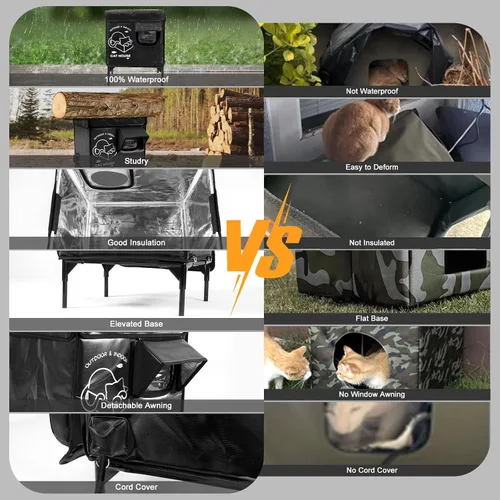 Vista 5 de Casa para gatos al aire libre, refugio elevado indestructible para gatos resistente a la intemperie con puerta de escape, exterior impermeable