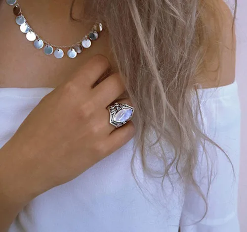 Vista 3 de Anillo de plata vintage de plata de ley 925 con piedra lunar natural para mujer, elegante anillo de boda con piedras preciosas, 6, Plata, Piedra
