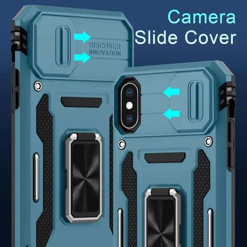 Vista 370 de DEERLAMN Funda para iPhone Xs Max con funda deslizante para cámara + protector de pantalla, soporte giratorio de anillo de grado militar a prueba