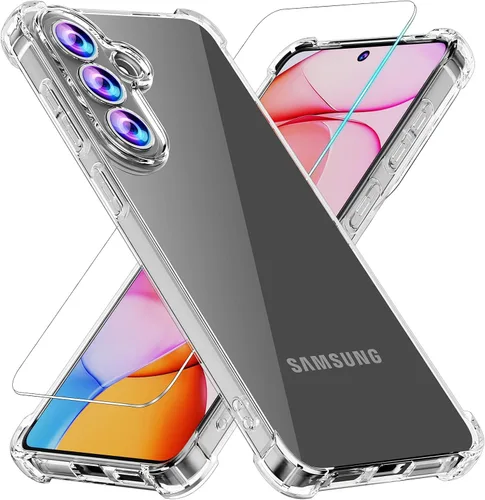 Vista 10 de Funda para Samsung Galaxy S24 FE con 2 protectores de pantalla de vidrio templado y protector de lente de cámara, capa interior de TPU suave y Negro