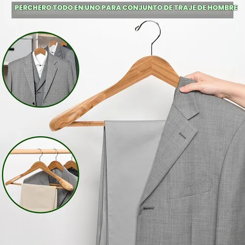 Vista 6 de Amber Home Paquete de 6 Perchas de Traje de Madera de Bambú Natural de Hombros Anchos, Perchas de Ropa de Bambú con Barra para Pantalones, Perchas