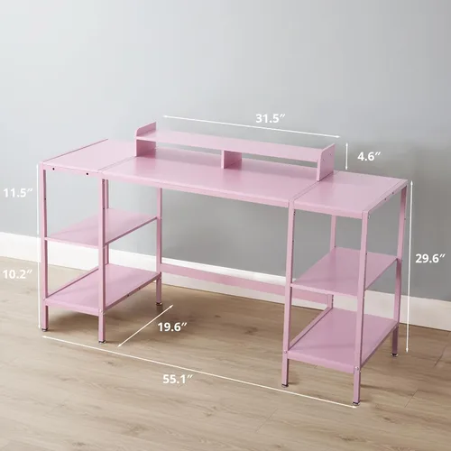 Vista 3 de Escritorio para computadora de 55 pulgadas con estante de almacenamiento - Rosa, ideal para dormitorios, espacios pequeños y oficinas en casa