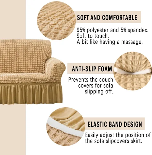 Vista 3 de Jeloris Funda Protectora Elástica para Sofá de Dos Plazas de Fácil Ajuste con Falda, Protector de Muebles Universal Duradero Lavable de Alta Beige
