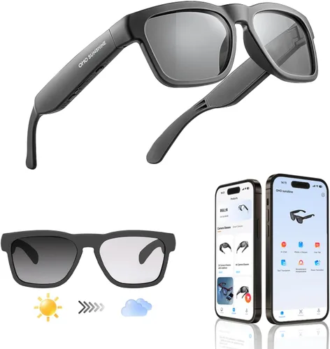 Vista 9 de OhO Smart Glasses, gafas de sol polarizadas con altavoz Bluetooth, protección UV atlética/al aire libre y control de voz, unisex (lente gris)