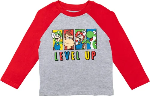 Vista 4 de Super Mario Paquete de 2 camisetas gráficas de manga larga para niños pequeños, rojoazulgris