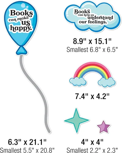 Vista 4 de Carson Dellosa - Juego de 53 piezas de Reading is Magic, arco iris retro, globos, libros y recortes de estrellas con citas inspiradoras