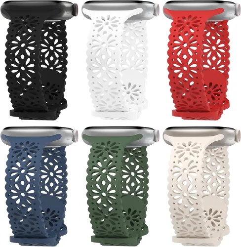 Vista 9 de Paquete de 6 correas de silicona delgadas y huecas de encaje compatibles con Apple Watch de 1.496 pulgadas, 1.575 pulgadas, 1.614 pulgadas, 1.654