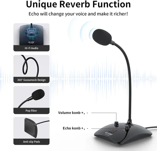 Vista 3 de Micrófono USB de cuello de cisne para conferencias, micrófono de escritorio omnidireccional flexible de 360° con cancelación de ruido, botón
