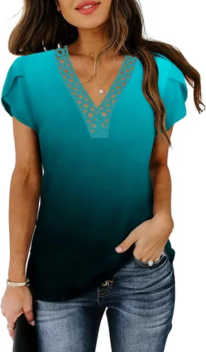 Vista 2 de Camisetas de manga corta con pétalos para mujer, cuello en V, con encaje, ajuste holgado