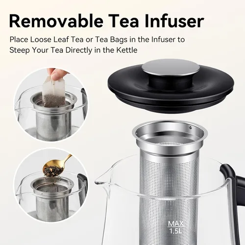 Vista 5 de Hervidor eléctrico con infusor de té, sin BPA, 1200 W, calor rápido, 1.5 L