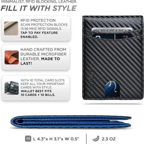 Vista 4 de SUAVELL Billetera plegable para hombre con tarjetero RFID de cuero cartera delgada para hombre con bolsillo frontal compacto para 12 tarjetas