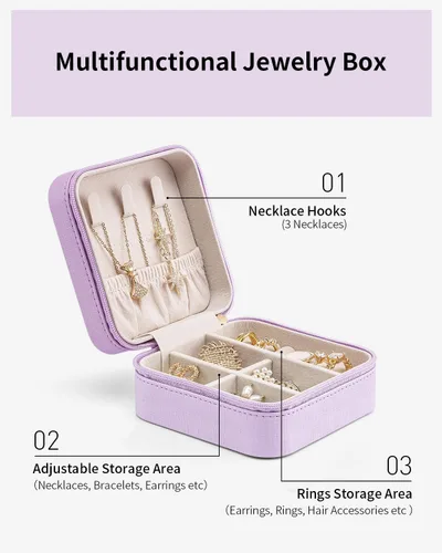 Vista 7 de Vlando Pequeño organizador de joyero de viaje Anillo de regalo para mujer, aretes, collares, vitrina de almacenamiento para niñas, color morado