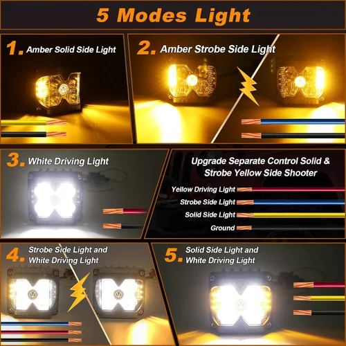 Vista 2 de MOVOTOR Side Shooter LED Pods Amber Luces de conducción estroboscópicas para camión, 4 x 4, ATV IP68 Waterproof,Solid & Strobe Amber,6500K White