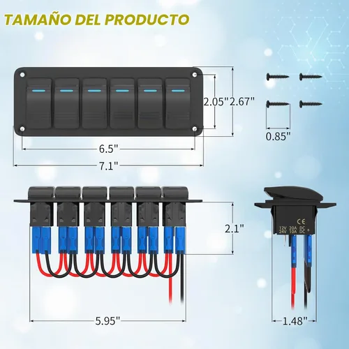Vista 2 de Joinfworld Panel de Interruptor Basculante de 6 Posiciones 12V Panel de Interruptor de Barco Marino Impermeable 12 Voltios Luz LED Azul Panel