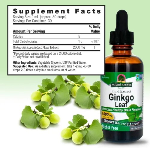 Vista 3 de Nature's Answer Extracto de hoja de ginkgo sin alcohol, 2000 mg de 2 onzas, estimula la memoria, el estado de ánimo y la concentración, sin gluten