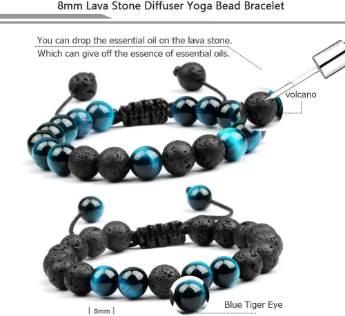 Vista 3 de Pulsera de piedra de ojo de tigre para hombres y mujeres, pulsera ajustable de piedra de ojo de tigre natural de 0.315 pulgadas para aromaterapia