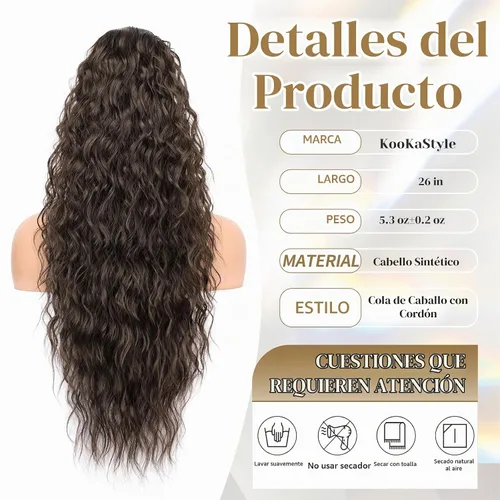 Vista 3 de KooKaStyle Extensión de cola de caballo con cordón de 26 pulgadas (66 cm) para mujeres, extensiones de cabello sintético rizado largo para uso
