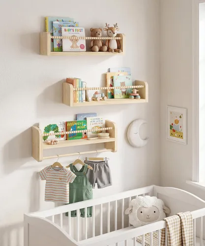 Vista 2 de Juego de 3 estantes para libros de guardería para pared, estantes de madera natural, decoración de pared, pequeño organizador flotante