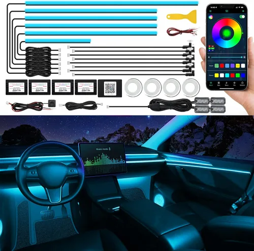 Vista 12 de Tira de luz LED acrílica para interior de automóvil con aplicación inalámbrica, kits de iluminación ambiental RGB Dreamcolor 5 en 1, 16 millones