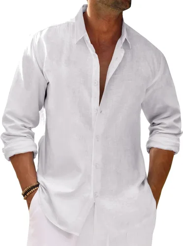 Vista 11 de Runcati Camisa de manga larga con botones para hombre, de algodón, lino, casual, con cuello, hippie, para la playa