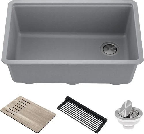 Vista 20 de KRAUS Bellucci Fregadero de cocina de granito con estación de trabajo empotrado de 30 pulgadas en negro metálico con accesorios, KGUW2-30MBL
