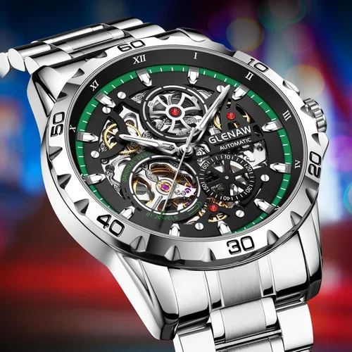 Vista 2 de Relojes automáticos para hombre, cuerda automática mecánica, esfera de esqueleto, resistente al agua a 30 ATM, con correa de acero inoxidable, reloj