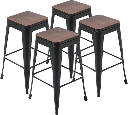 Vista 7 de Juego de 4 taburetes de bar de metal sin espalda de 24 pulgadas, apilables, industriales, para taburetes de isla de cocina, con asiento de madera