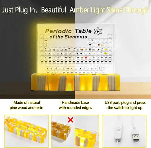 Vista 4 de Tabla periódica con elementos reales en el interior, soporte iluminado ámbar, póster acrílico de tabla periódica de elementos, decoración