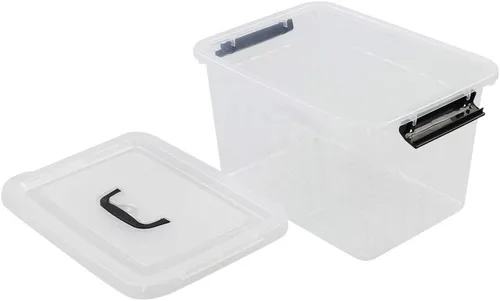 Vista 4 de Caja de plástico transparente de 10 L, contenedor de almacenamiento de plástico con tapas, paquete de 4 Clear Plastic Material, Snap Side Latches