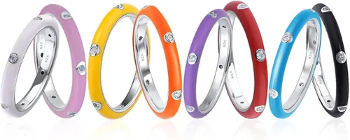 Vista 5 de Santuzza Anillo apilable esmaltado de plata de ley 925 con circonita cúbica, arco iris, eternidad, anillos apilables para mujer