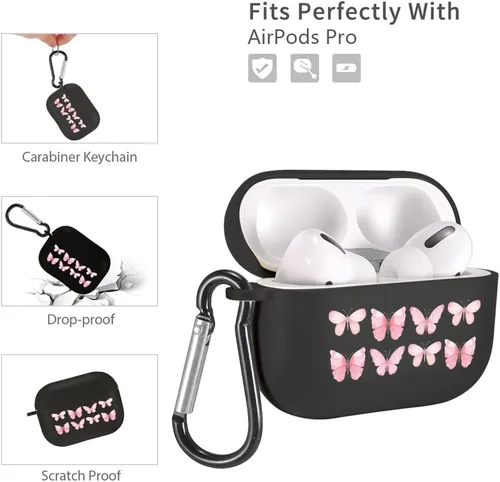 Vista 3 de Funda de mariposas rosas para AirPods Pro con llavero, diseño de animales lindos funda protectora de TPU suave compatible con AirPods Pro Charging