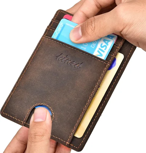 Vista 5 de kinzd Cartera delgada minimalista con bolsillo frontal RFID para tarjetas de crédito para hombres y mujeres, Marrón