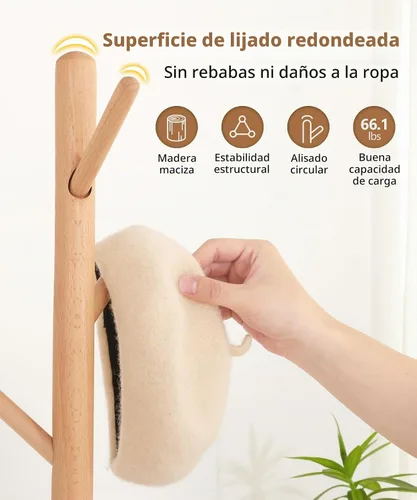 Vista 4 de Cozivolife Perchero de pie, perchero de madera con 9 ganchos y 3 alturas ajustables, abrigo de árbol de madera de haya para dormitorio, oficina