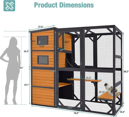 Vista 7 de Big Catio - Casa para gatos al aire libre, refugio de madera para gatos de 4 niveles con gran espacio interior (marrón, extragrande)