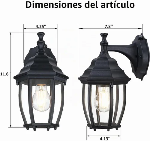 Vista 4 de LIT-PaTH Farol de pared para exteriores del atardecer al amanecer, aplique de pared como accesorio de iluminación de porche con base mediana E26