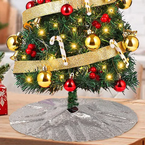 Vista 16 de ShinyBeauty Falda de árbol de Navidad rosa claro de 24 pulgadas, falda de lentejuelas para lápices/mini árboles, cubierta navideña para Año Nuevo