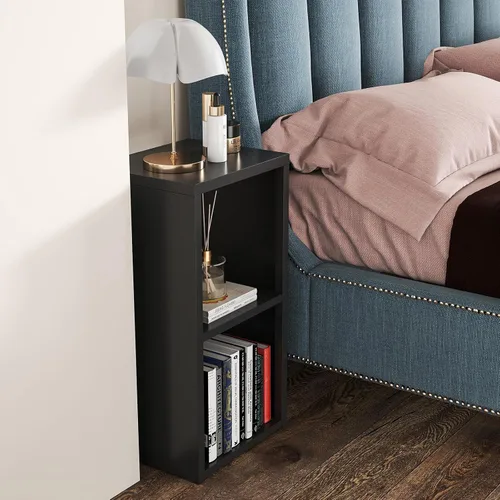 Vista 4 de Organizador de almacenamiento vertical de 2 cubos de metal, estantería corta negra con espalda abierta, estante de almacenamiento de cubo pequeño